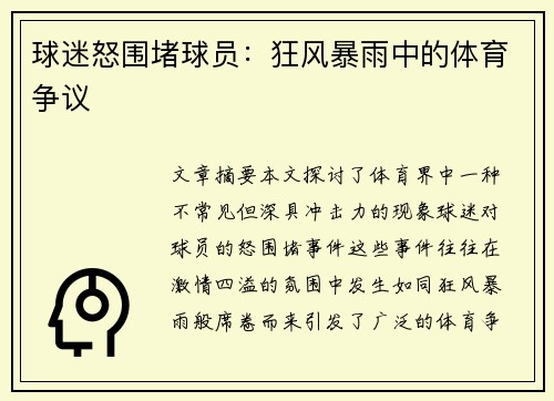 球迷怒围堵球员：狂风暴雨中的体育争议